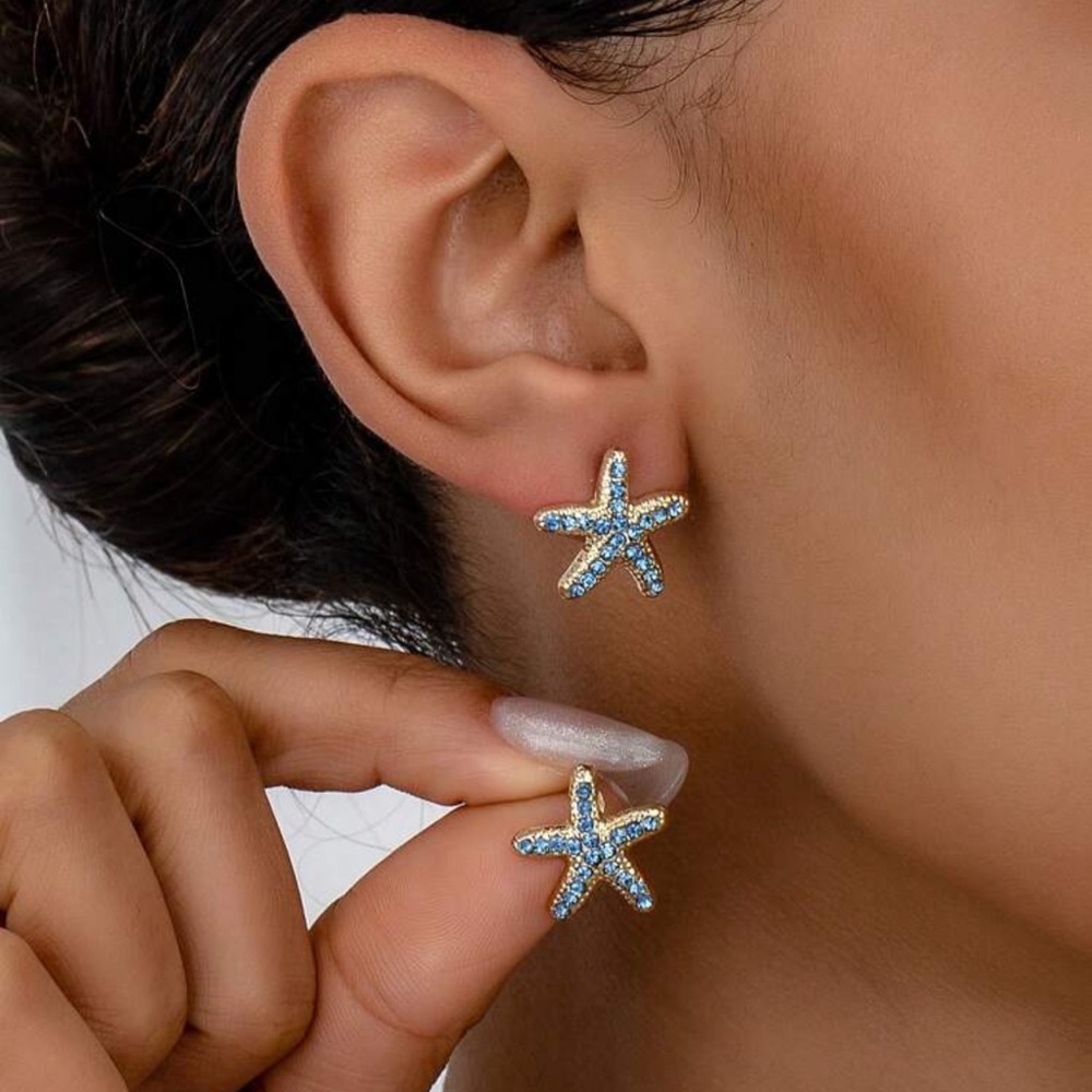 Blue Cubic Zirconia Earrings, Blue Starfish Earrings, Beach Earrings